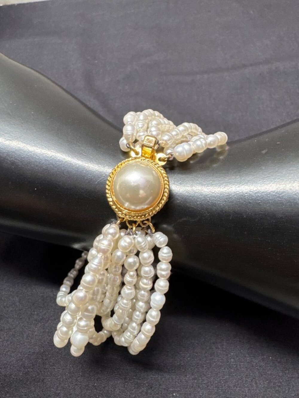 Vintage Multi-Strand Faux Pearl Bracelet With Gold-Tone Clasp & Centerpiece